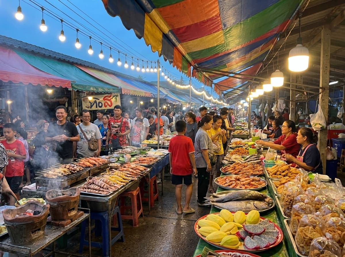 ตลาดนัดวงเวียนปลาหมึก ปากน้ำปราณ แหล่งรวมสตรีตฟู้ด อาหารทะเลสด และของกินพื้นบ้านรสเด็ด