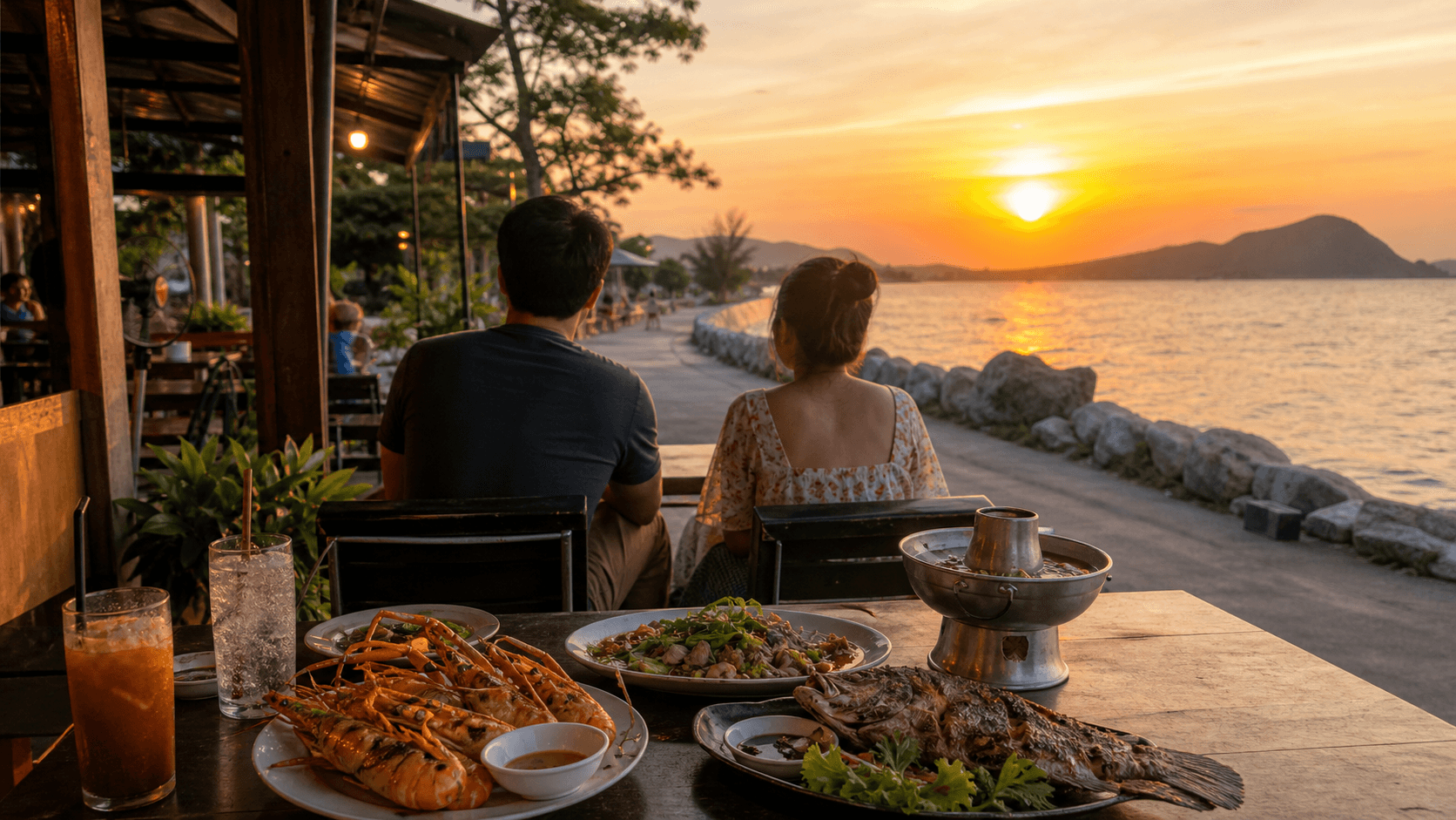 Ein ruhiger Abend in Pak Nam Pran mit Cafe, Meer und Seafood